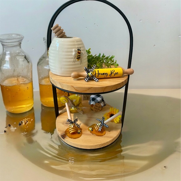 Mini Wooden Honey Dipper set | Honey Bee Decor, Tiered Tray Bee,Mini Rolling pin - Picture 1 of 9